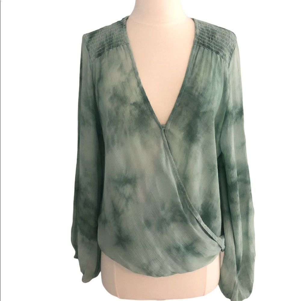 Emory Park Green Tie Die Long Sleeve Surplice Neckline Faux Wrap Top